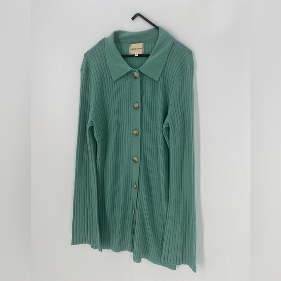 Loulou Studio Biola Ribbed Knit Longline Polo Sweater Top Cardigan In Green - Picture 3 of 7